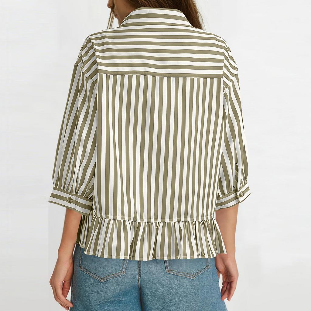 Women's Casual Loose Button-Up Seven-Sleeve Striped Shirt Top