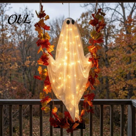 Fernbedienung LED Geisterlichter Schwingende Outdoor-Dekoration, Großer Halloween-Hänger mit Ahornblatt Leuchtendes Gaze-Anhänger Ranke Und für Baum, Veranda, Hof,