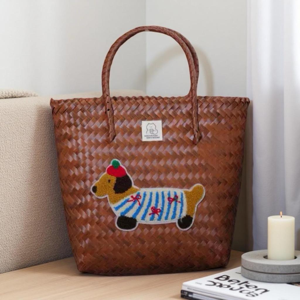 Handgefertigte bestickte Dackel gewebte Handtasche und Aufbewahrungskorb