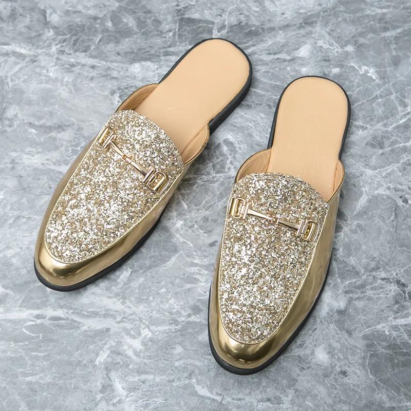 Fashion Breathable Half Back Leather Shoes Men's Half Sequin Shoe Loop Buckle Half Bean Loafers Shallow Mouth Men's Casual Sneakers