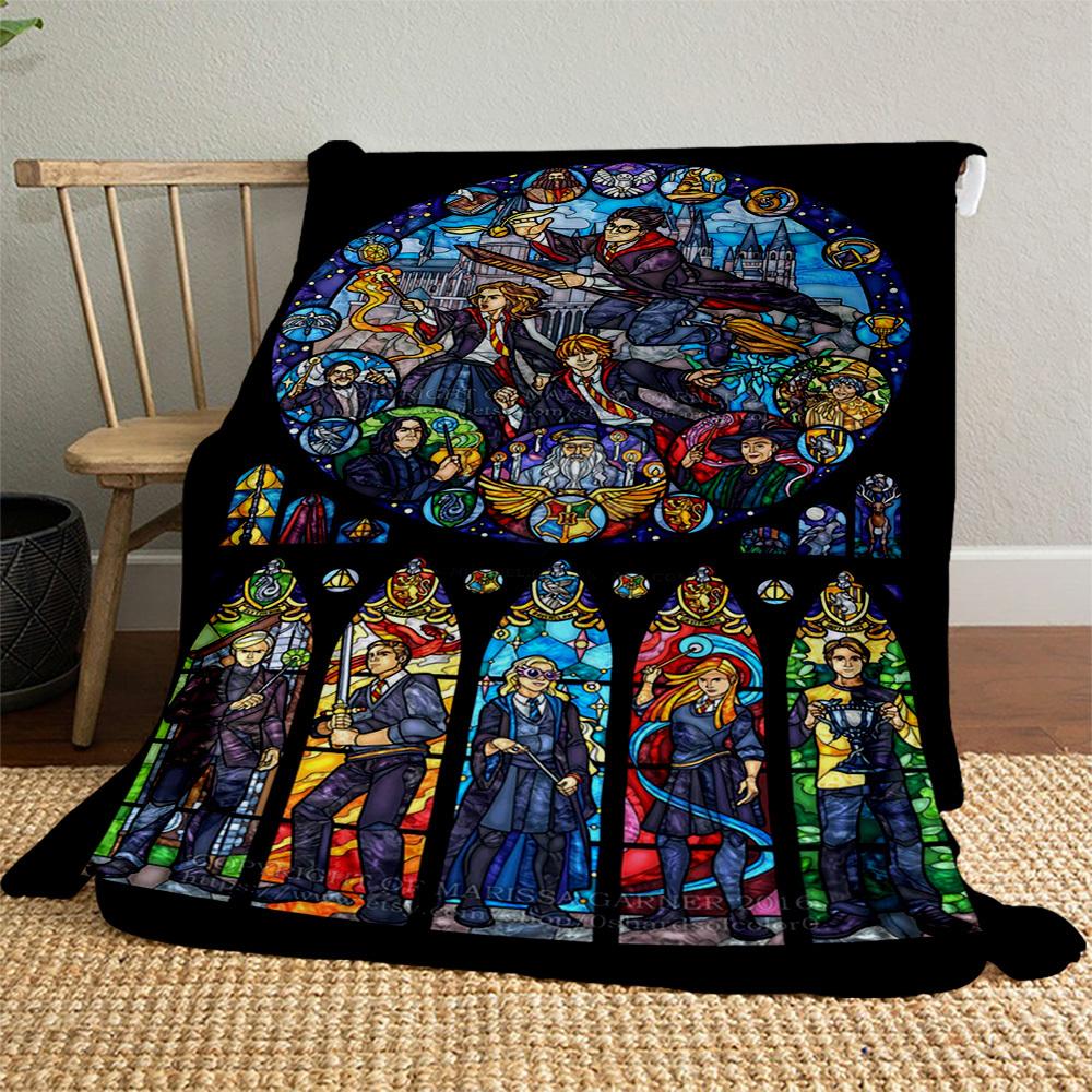 1pc Hogwarts Harry Potter Stained Glass Outdoor Flannel Throw Blanket All Season Soft Warmth,Home Decor 1031206