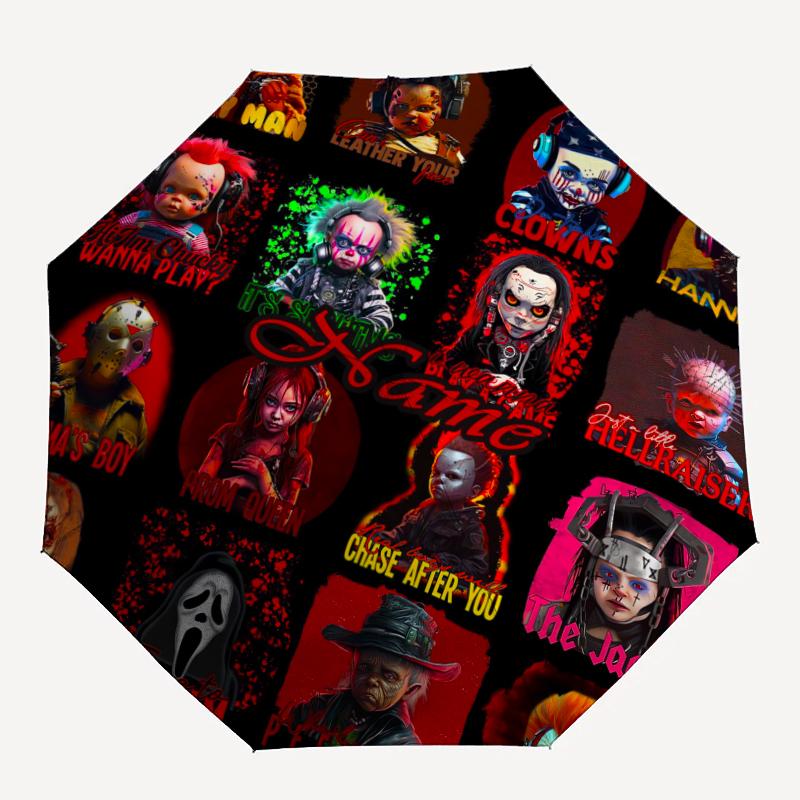 Custom Name Halloween horror Theme Automatic Umbrella, Lightweight & Portable, 8 Rib, Perfect for Outdoor Travel, Birthdays, Christmas, Gifts.