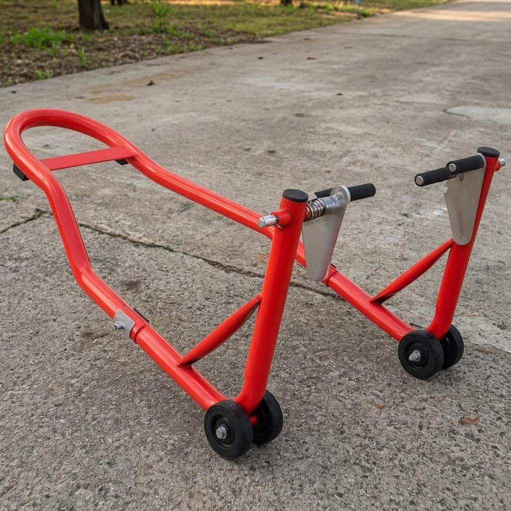 HeavyDuty Motorcycle Front Wheel Stand | Sturdy Tubular Iron Frame, Secure Clamp, Support
