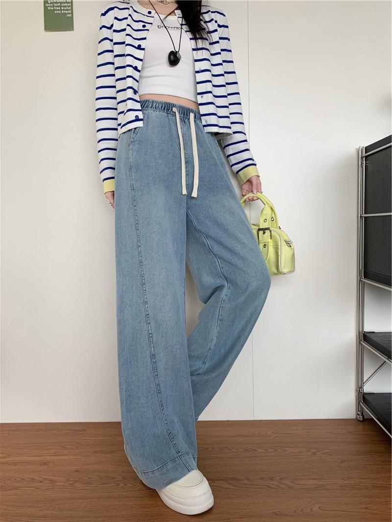 

Hip-Covering Slimming Lyocell Tencel Denim Wide Leg Pants for Women - Spring/Summer, High Waist, Loose Casual Straight Cut, Floor Length, Thin Fabric S (Recommended 90-105 jin) синий