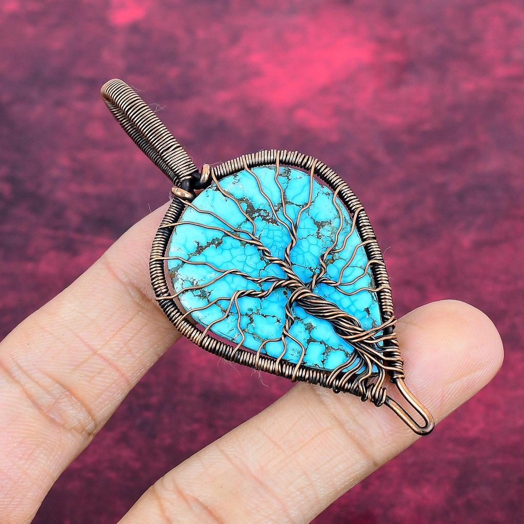 Tree Of Life Tibetan Turquoise Pendant Copper Wire Wrapped Gemstone Jewelry