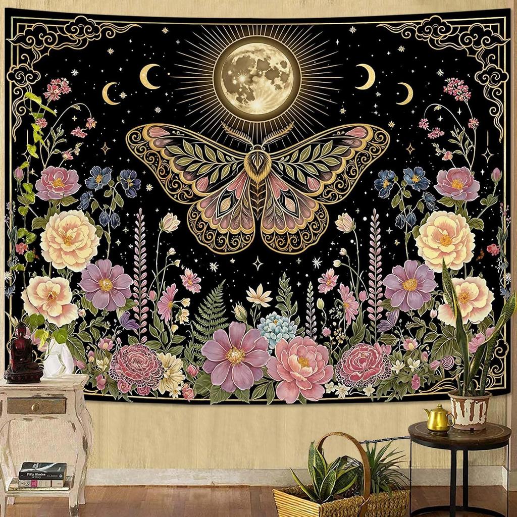 Moon Moth and Floral Tapestries Witchy Cottagecore Tapestries Mystical Nature Wall Tapestry Bedroom Dormitory Living Decoration
