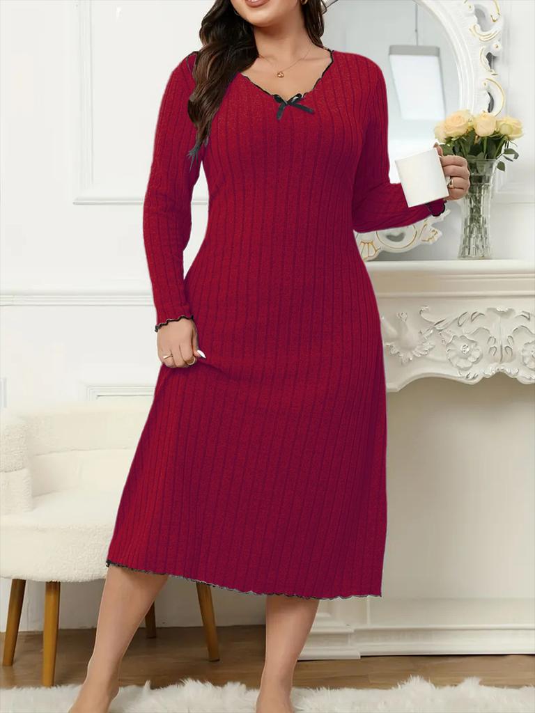 Spring New Arrivals Plus Size Dresses V-Neck Long Sleeve Solid Color Ear Trim Fashion Women's Clothing