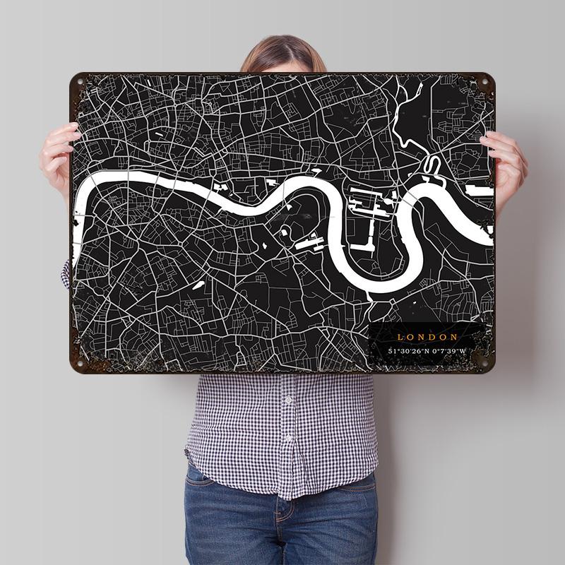 London Map Poster Customized Vintage Metal Signs Wall Art Retro Tin Plaque for Modern Home Decoration Luxury Bar Accessories