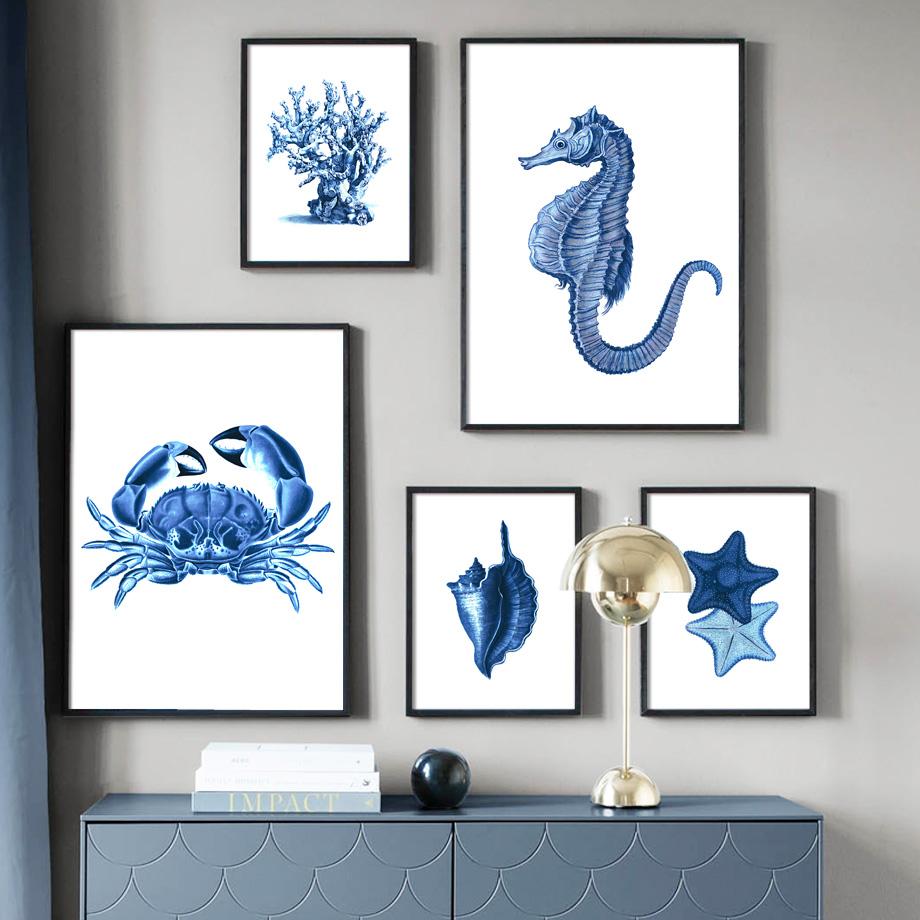 Nautical Watercolor Coral Seaweed Crab Octopus Shell Navy Blue Poster And Prints Wall Art Canvas Painting Living Room Home Decor