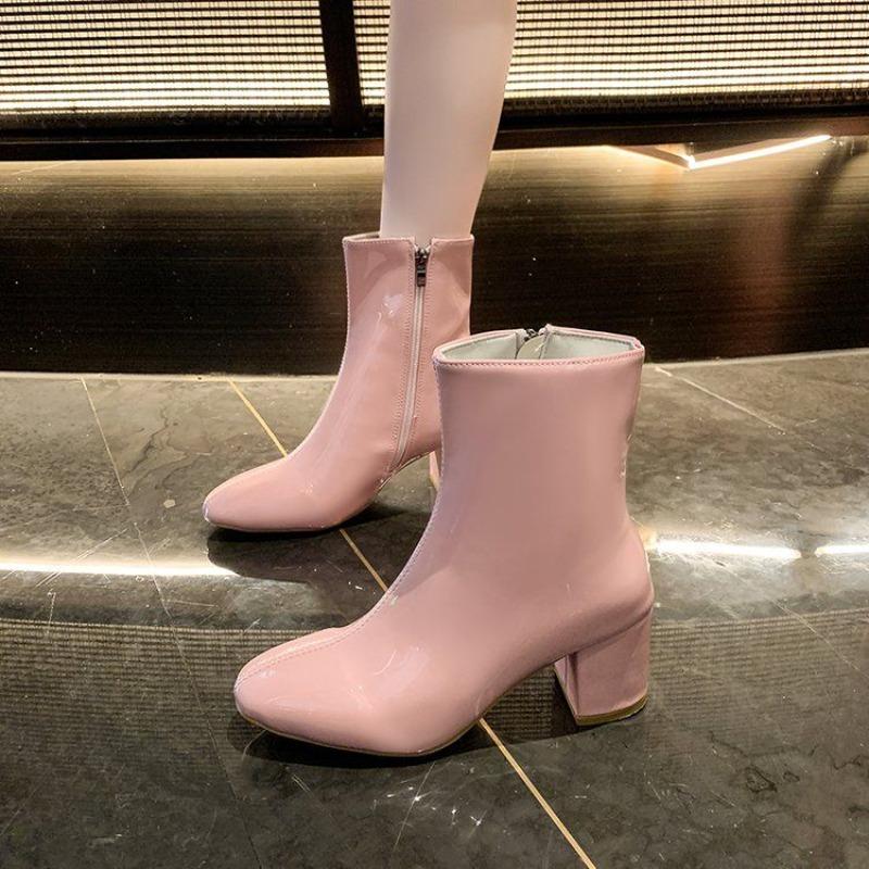 Fashion Spring Autumn Heeled Square Toe Woman Short Shoes Patent Leather Ankle Boots for Women New in Booties Large Size Luxury Footwear