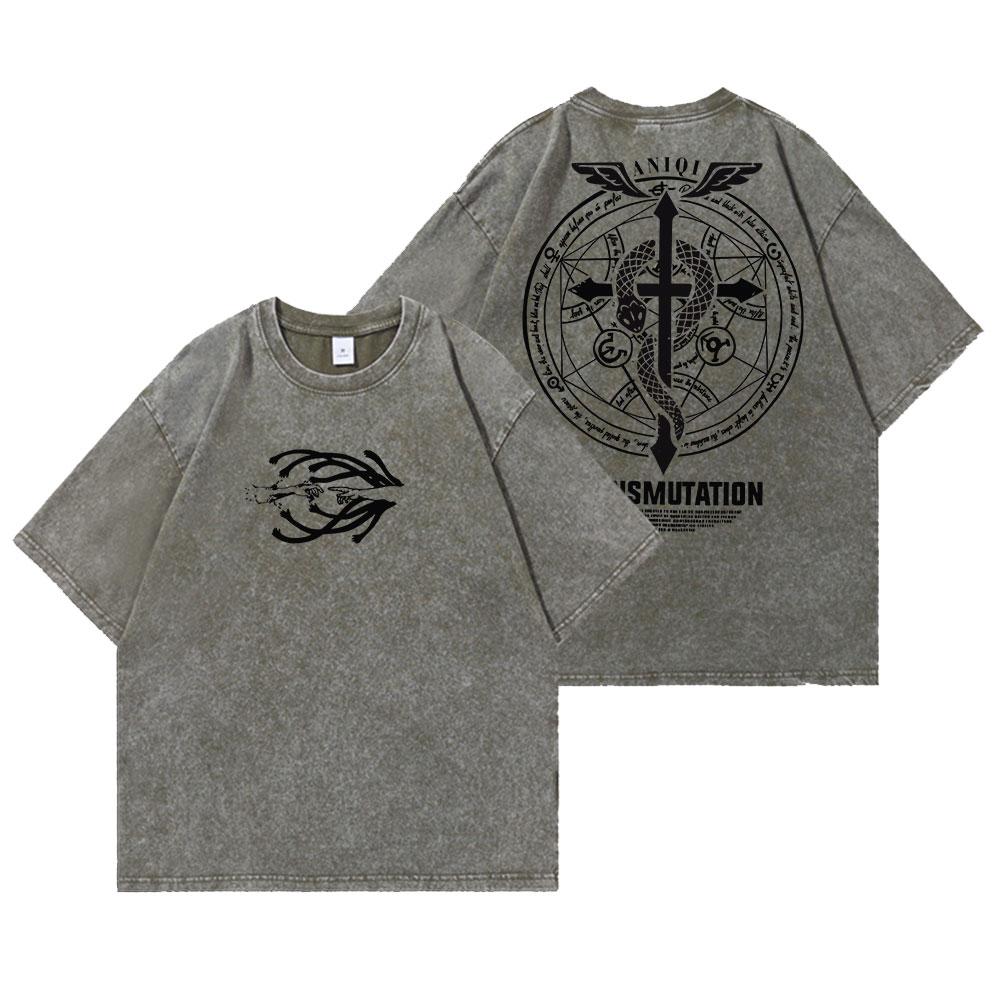 Anime Fullmetal Alchemist Vintage Washed T Shirt Oversize Cotton Tshirts Men Tee Cotton Streetwear Unisex Top