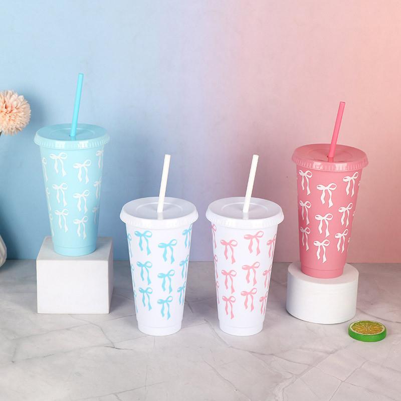 1 Piece Large Capacity Water Bottle Kawaii Bow Water Cup With Lid Straw For Girls Coffee Milk Tea Plastic Cold Drink Cup