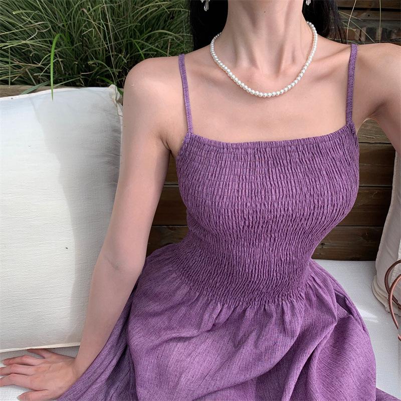 Purple Korean-Style Early Autumn Waist-Slimming Suspender Dress for Women