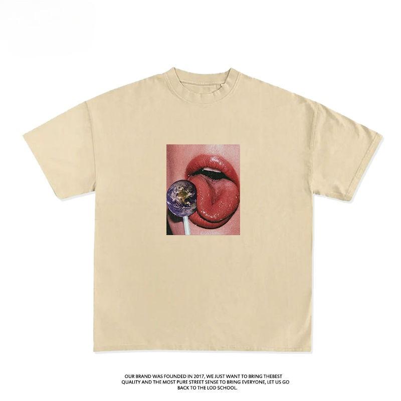 

European and American Style High Street Retro Lollipop Print Hip Hop T-shirt Loose Short Sleeve Men s and Women s Half Sleeves XXXXL