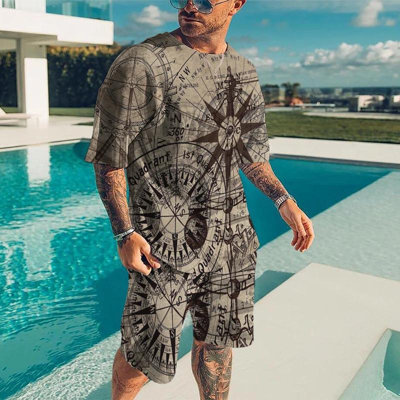 Summer Men 3D Printed Compass Casual Luxury T-Shirt Shorts Set Tracksuit Male 2 Pieces Fashion Outfit Man Clothing Jogging Suit