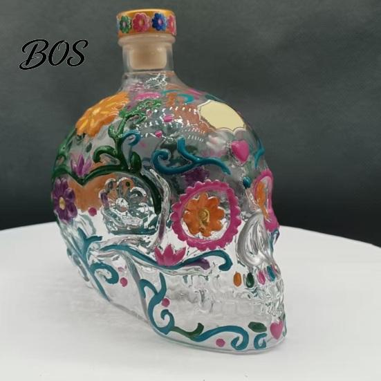 Floral Skull Design Decanter Gothic Decanter, Hand Painted Glass Liquor Bottle with Stained Design, 3D Carved Wine Dispenser for Home Bar, Halloween