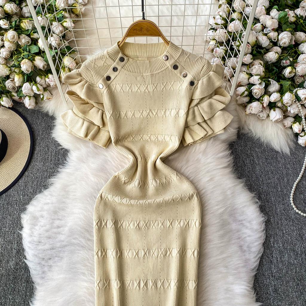 Summer Women Elegant Ruffle Metal Button Office Work Knitted Sheath Sweater Mini Dresses