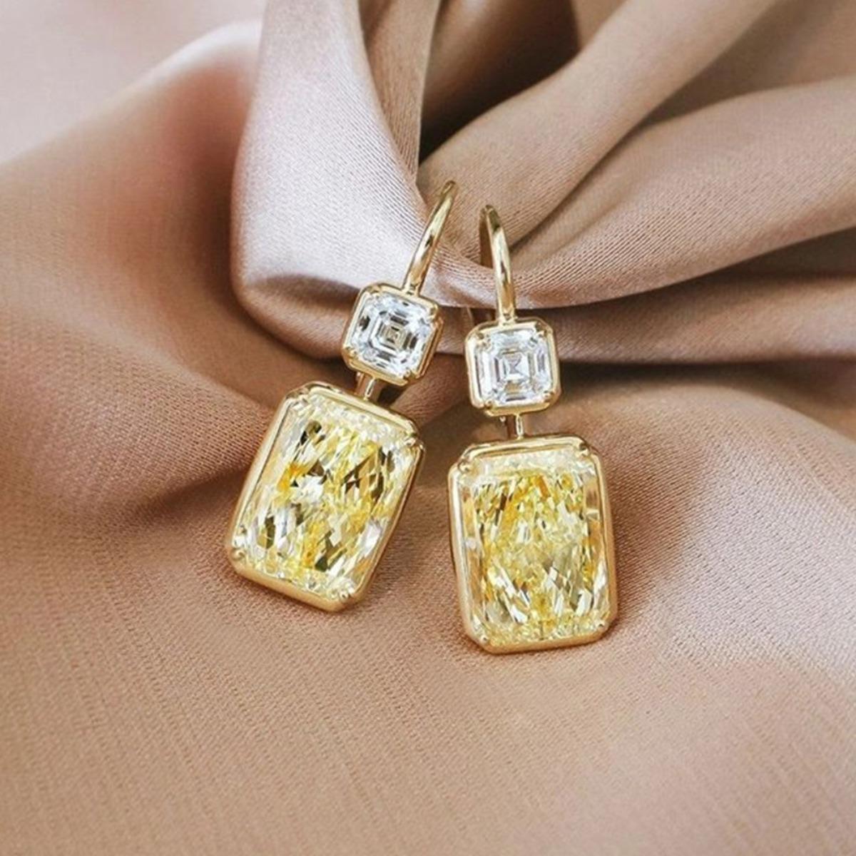 Korean Style Yellow Emerald Cut Cubic Zirconia Drop Earrings Two-Tone Gold Tone Sparkling Dangle Earrings for Women