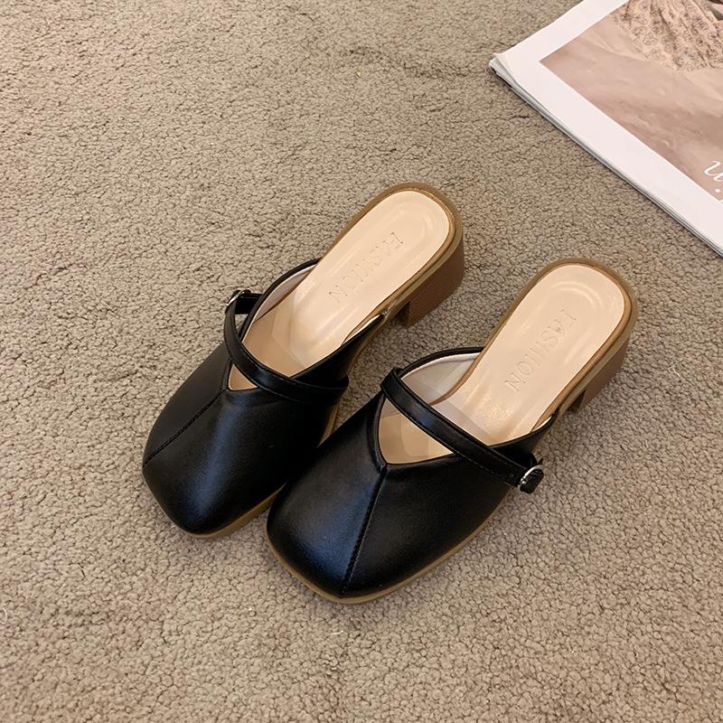 

Баотоу полутапочки женские летние 2025 новые толстый каблук туфли Мюллера квадратный носок высокий каблук сандалии сказочный стиль 35 чёрный