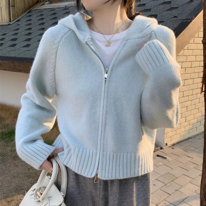 Popular multi-color hooded double zipper knitted cardigan women's new short sweater hoodie autumn and winter small jacket