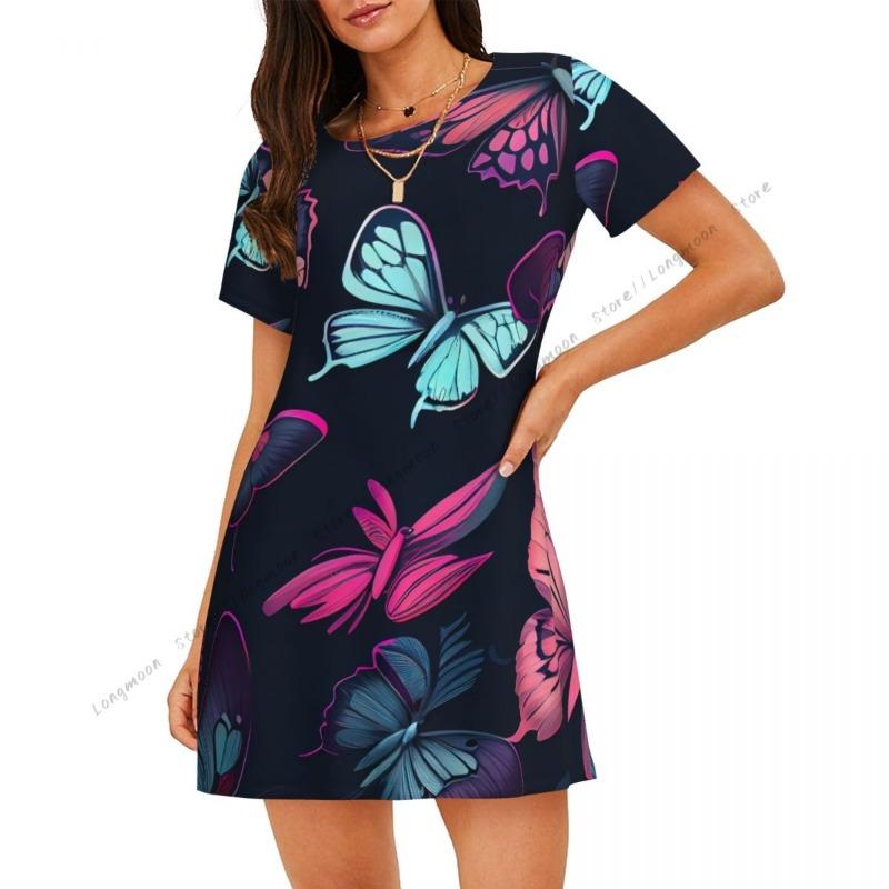 Summer Nightdress Women s Home Clothes Butterfly Short-sleeved Round Neck Night Gown L