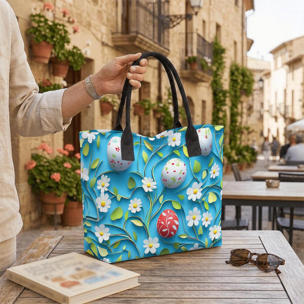 Easter Tote Bag Spring Floral Egg Pattern Casual Portable Handbag for Daily Shopping Travel