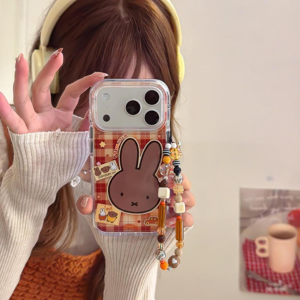 Black Plaid Leather Miffy Rabbit Case for iPhone 13 To 17 Pro/Max