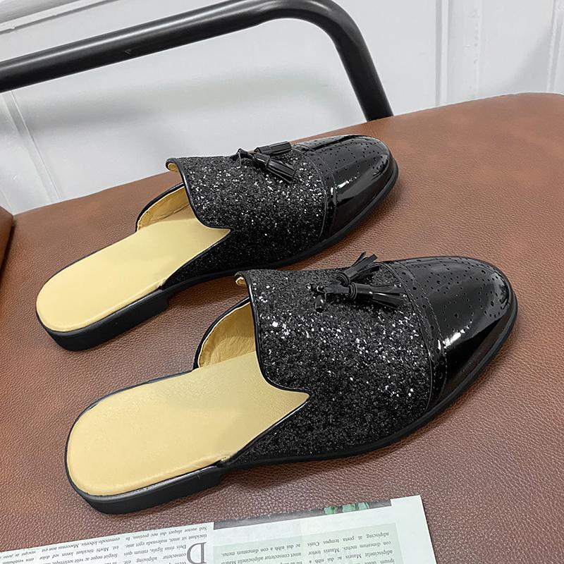 Fashion 2024 New Luxury Designer Men's Casual Bling Leather Loafers Italian for Men Half Shoes Mules Male Black Slides Business Slippers