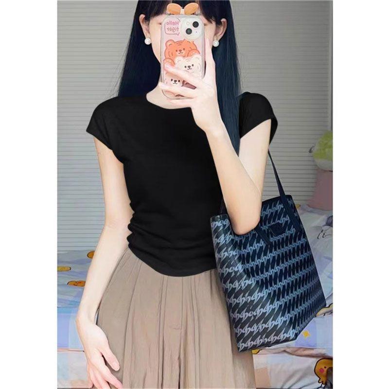 

Женский летний облегающий трикотажный топ с коротким рукавом и рукавом-крылышком S 40-47 kg чёрный