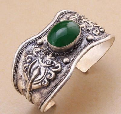Retro Vintage Drage Grønn Mansjettarmbånd Armring Tibetansk Sølv