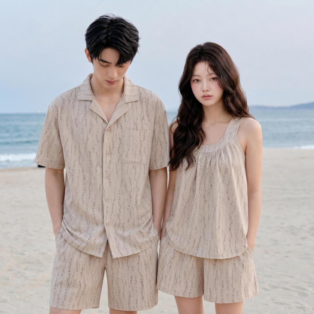 Baby Cotton Summer Camisole: A-Class Pure Cotton Double Layer Gauze Couple Pajamas - Women's Short Sleeve & Men's Set