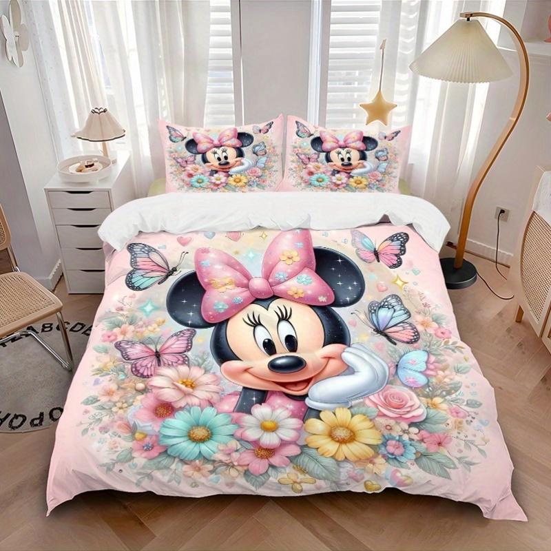 3pcs Cute Minnie Flower Bedding Set, Including 1 Quilt Cover and 2 Pillow Shams, Without Filling, Soft and Comfortable Home Bedroom Fabric, Fashi