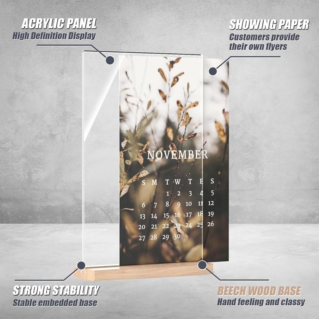 Acrylic Sign Holder 5.5x8.5 with Wood Base, Clear T shape Table Display Stands for Office, House, Store, Restaurants, and Event use, Double side