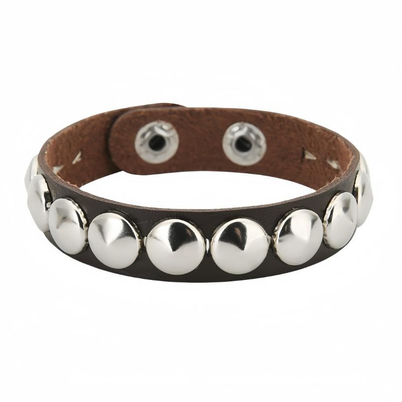 

Eco-friendly PU Leather Trendy Punk Round Pointed Rivet Bracelet Stainless Steel Snap Buckle Boutique Bracelet Bracelet темно-коричневого кольору