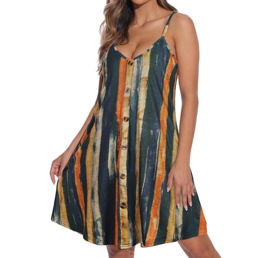Damen Sommerkleid Lässig Mit Taschen Sommer Boho Strandkleid,Urlaubskleider Für Damen V-Ausschnitt Knöpfe Locker Tankkleider