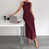 2026 Elegant Waist-Cinched A-Line Sleeveless Long Dress with V-Back In Solid Color