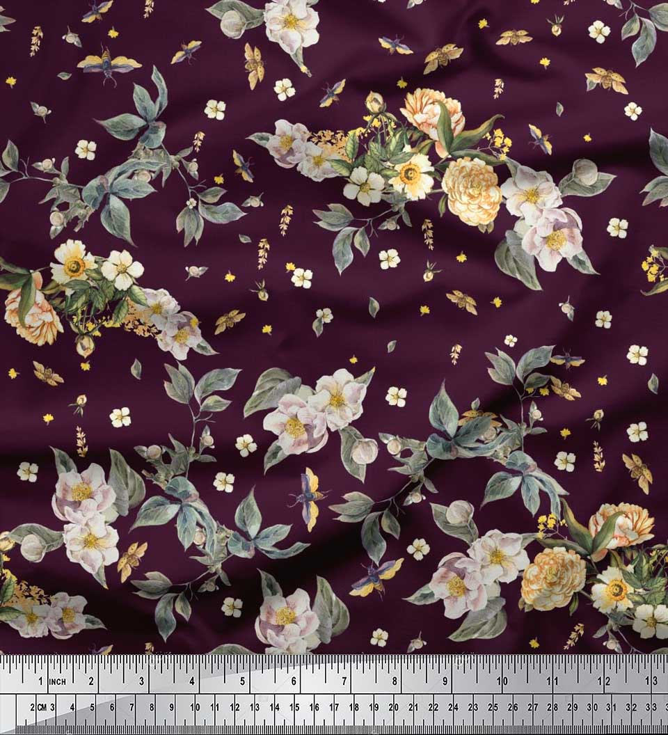 

Тканина Soimoi Japan Crepe Satin Leaves, Moth & Magnolia Floral Printed Тканина 1 метр 42 дюйма 42 Inch Wide - Poly Crepe винний