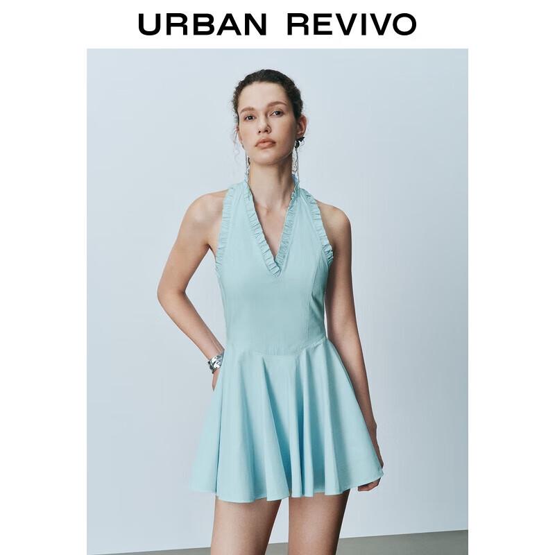 UR 2025 Summer Ruffle Trim Halter Backless Sleeveless Dress M