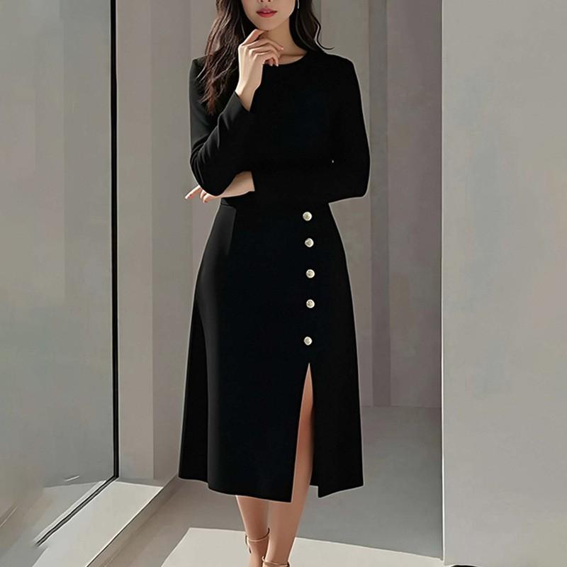 

European American Women s Clothes Solid Color Buttons Split Round Neck Waist Dress Long S чёрный