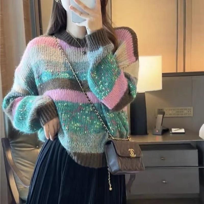 

New color matching top autumn and winter loose round neck knitted bottoming shirt rainbow strip pullover sweater women One size