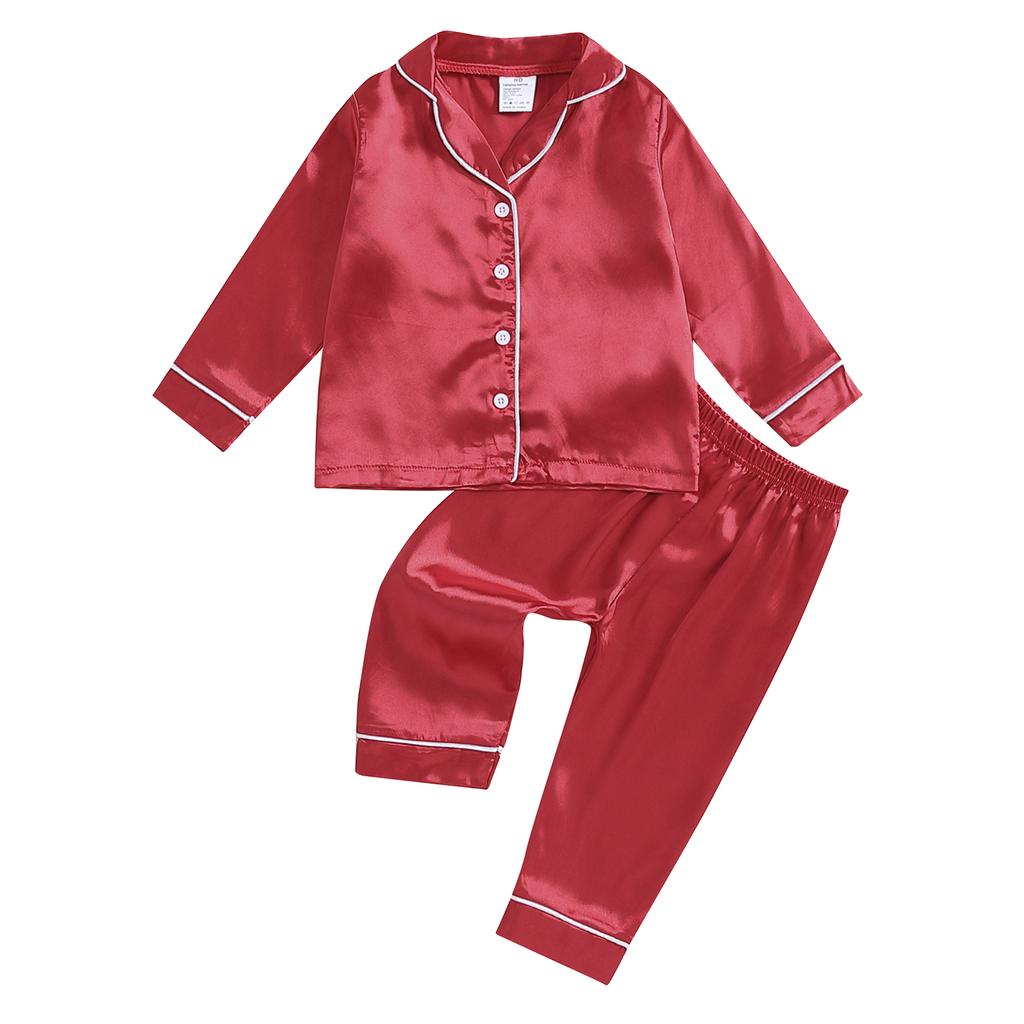 Kids Pajama Sets Contrast Color Trim Long Sleeve Lapel Neck Button-up Tops Long Pant Loungewear Set