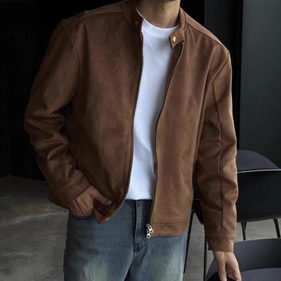 Frühherbst Braun Stehkragen Hirschlederjacke – Koreanischer Stil Lockerer Schnitt Herren Oberbekleidung