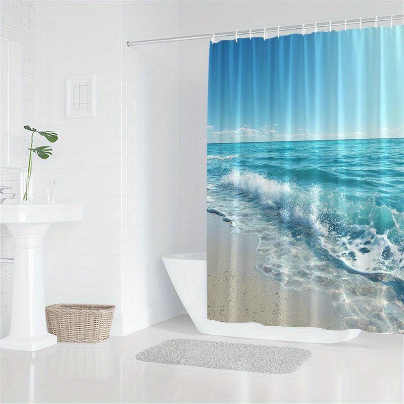 [Beach Shower Curtain] 1Pc Tranquil Beach Scene Shower Curtain - Durable Polyester Fabric, With 12 Hooks, Machine W