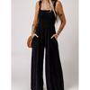 2024 Summer New Arrival Black Square Collar Smocking Jumpsuit Women European and American Leisure Slim Looking Suspenders Loose Pants Women