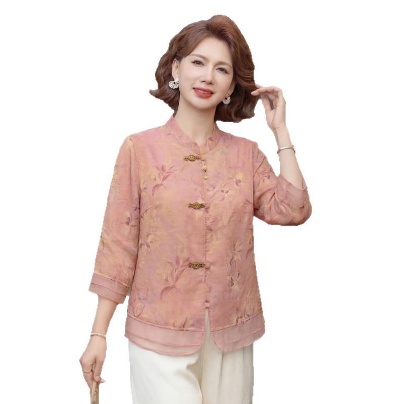 Mom's Elegant Seven-Sleeve Summer Shirt - 2026 Chinese National Style for Middle-Aged Women