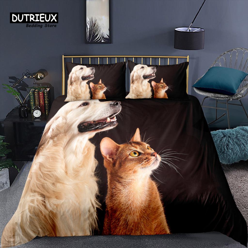 Colorful Cat Bedding Set For Kids Girls Boys 2/3pcs Cute Cat Duvet Cover Set King Microfiber Animal Comforter Cover Pillowcases