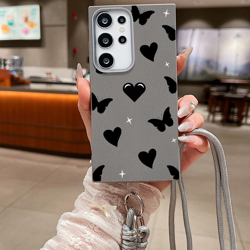 Love Heart Butterfly Print Stoßfeste weiche Handyhülle für Samsung S25 Ultra S24 FE S23 S22 S21 A16 A55 A56 A15 A36 Crossbody Rope Matte TPU Slim Cover