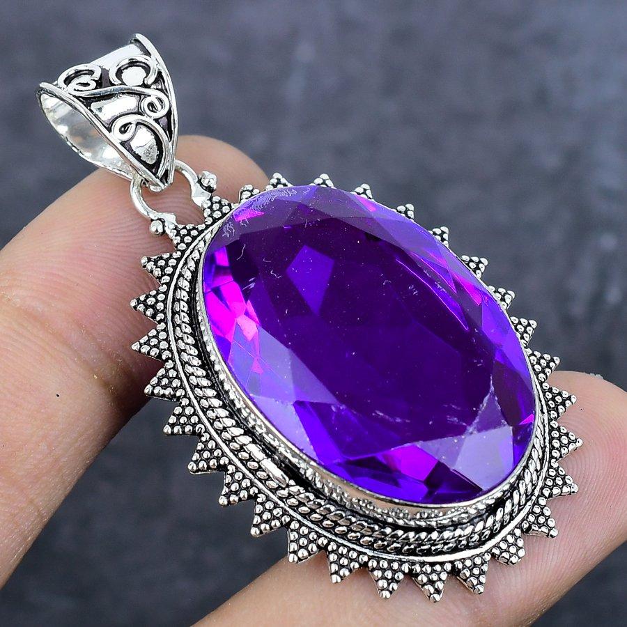 Natural Amethyst Gemstone 925 Sterling Silver Jewelry Pendant 2.21" Q7I06