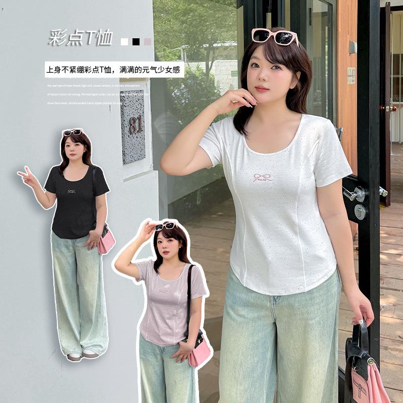 Age reduction color point small embroidery short-sleeved T-shirt summer new large size women's clothing pullover versatile top 252441