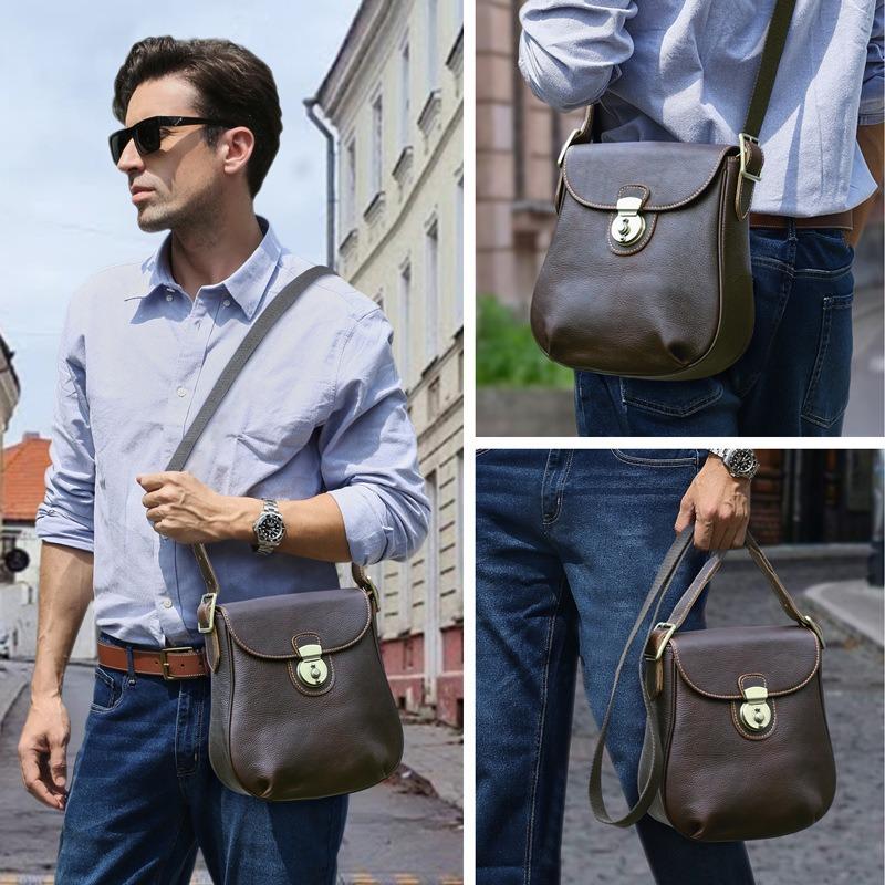 Men Top Grain Crazy Horse Leather Crossbody Bag Multi-Zipper Pockets Vintage Texture
